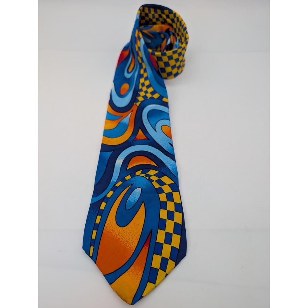 VTG Rush Limbaugh No Boundaries Silk Tie Mens Blue Orange Swirl Checkered 90s
